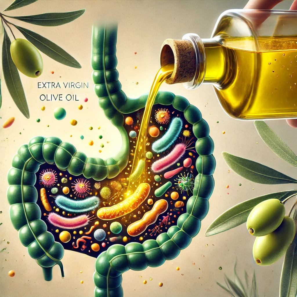 DALL·E 2025-03-23 11.38.59 – A conceptual illustration of extra virgin olive oil and the gut microbiome. The image features a bottle of high-quality olive oil pouring golden-green A-conceptual-illustration-of-extra-virgin-olive-oil-and-the-gut-microbiome